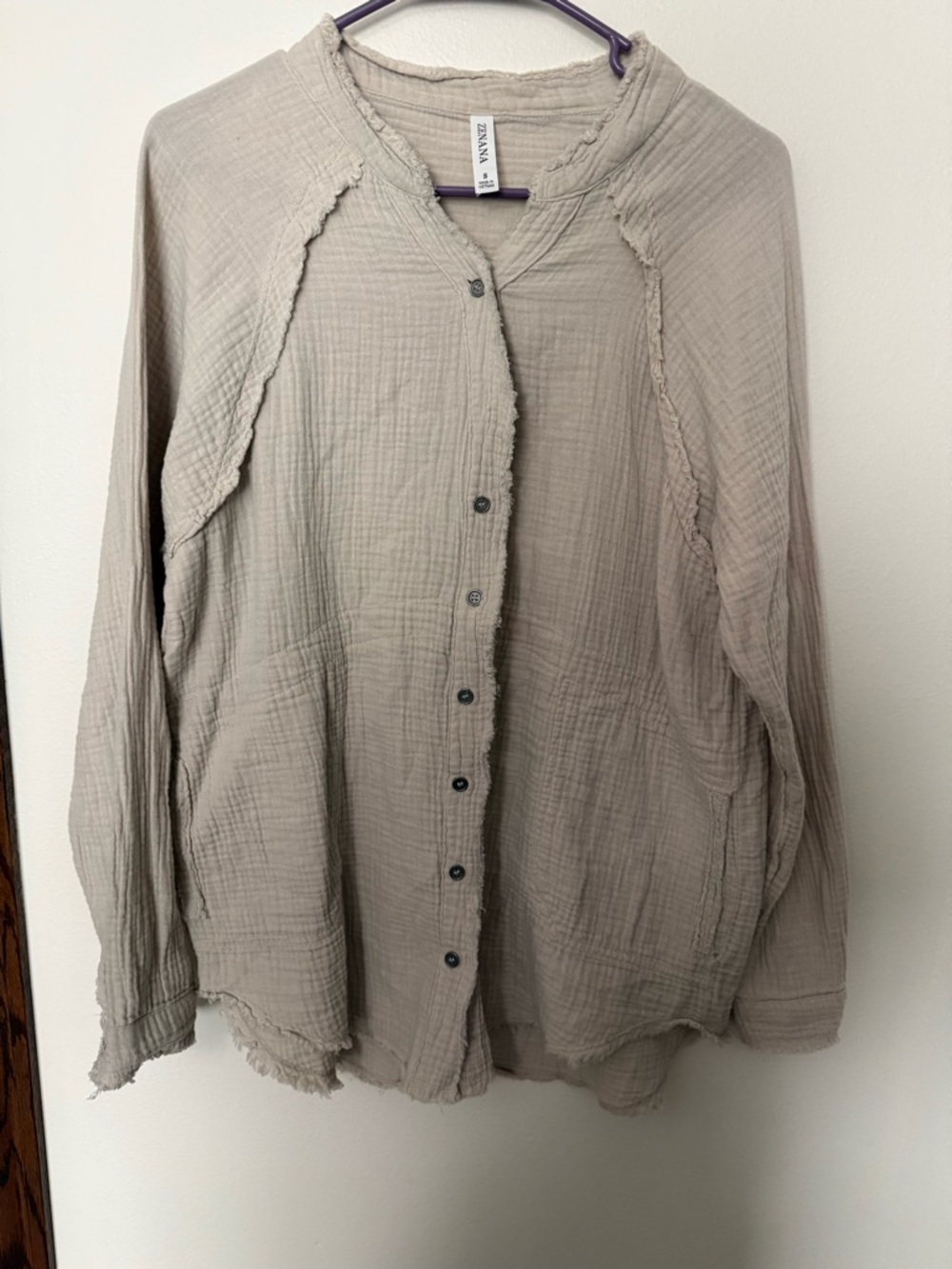 Zenana Gauze Button Down Shacket Top Small Neutral Raw Hem Boho Oversized